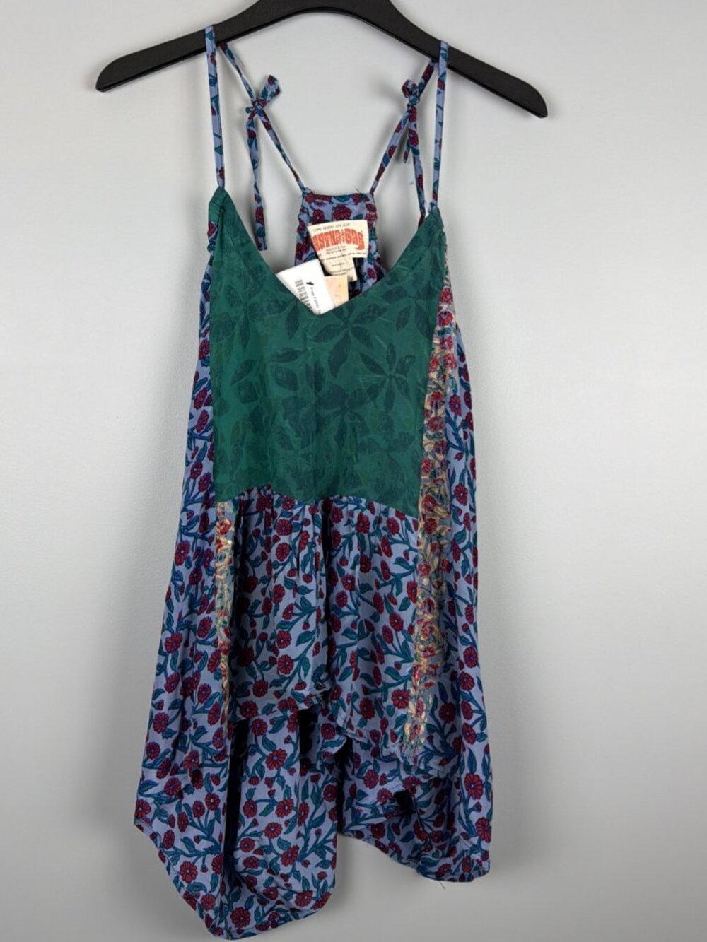 Kantha Bae Free Fallin Tank Free Size Blue Patchwork Boho Vintage Silk Sari NWT